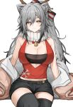  1girl absurdres animal_ears arknights bandeau bangs bare_shoulders black_shorts black_thighhighs blush breasts cat_ears commentary fake_antlers grey_hair hair_between_eyes highres large_breasts long_hair looking_at_viewer midriff_peek off_shoulder official_alternate_costume rain_(rain8649) red_shirt schwarz_(arknights) schwarz_(presents)_(arknights) shirt short_shorts shorts simple_background sitting sleeveless sleeveless_shirt smile solo strapless thighhighs thighs tube_top very_long_hair white_background yellow_eyes 