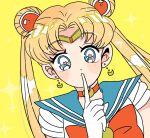  1girl bangs bishoujo_senshi_sailor_moon blonde_hair blue_eyes blue_sailor_collar bow bowtie brooch choker circlet crescent crescent_earrings double_bun earrings finger_to_mouth hair_bun heart heart-shaped_pupils highres jewelry long_hair parted_bangs rabi2651 red_bow red_bowtie red_choker sailor_collar sailor_moon shirt short_sleeves simple_background smile solo symbol-shaped_pupils tsukino_usagi very_long_hair white_background white_shirt 