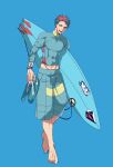  1boy abs barefoot blue_background blue_hair earclip fang feraligatr highres jewelry lip_ring looking_at_viewer male_focus personification pokemon red_hair ring sandals short_hair solo surfboard tattoo toned toned_male woborou wristband yellow_eyes 