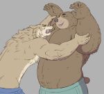  2022 anthro bear bottomwear brown_body brown_fur canid canine clothing duo eyes_closed fur gadoran hi_res humanoid_hands kemono male mammal shorts slightly_chubby 