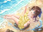  1girl absurdres animification bare_shoulders barefoot beach blue_eyes blurry breasts cleavage double_v dress frilled_dress frills highres izone lens_flare medium_breasts open_mouth real_life rock sitting smile solo sparkle strapless strapless_dress v water yabuki_nako yellow_dress yohane_yoshiko 