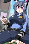  1girl absurdres animal_ears black_pants blue_shirt bongfill breasts cosplay cuffs grey_hair handcuffs highres holding holding_handcuffs judy_hopps judy_hopps_(cosplay) large_breasts long_hair long_sleeves looking_at_viewer open_mouth original pants police_badge purple_eyes rabbit_ears rabbit_girl shirt solo teeth upper_teeth_only zootopia 