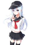  1girl anchor_symbol black_headwear black_sailor_collar black_skirt black_thighhighs blue_eyes blush cowboy_shot flat_cap hair_between_eyes hat hibiki_(kancolle) highres kantai_collection long_hair long_sleeves neckerchief parted_lips pleated_skirt red_neckerchief sailor_collar school_uniform serafuku simple_background skirt solo tachakan thighhighs white_background white_hair 