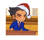  1boy ace_attorney black_hair blue_jacket brown_eyes chibi christmas collared_shirt courtroom formal goldenastrum hat highres jacket long_sleeves looking_ahead male_focus necktie open_mouth phoenix_wright red_headwear santa_hat shirt short_hair solo spiked_hair suit upper_body white_shirt 