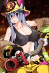  1girl absurdres animal_ears bongfill breasts cleavage collarbone covered_nipples firefighter gloves grey_hair highres holding holding_hose hose large_breasts long_hair navel original pants parted_lips purple_eyes rabbit_ears rabbit_girl solo teeth upper_teeth_only white_gloves yellow_pants 