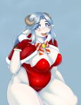  absurd_res anthro big_breasts blush breasts christmas christmas_clothing clothed clothing female hair hi_res holidays horn looking_at_viewer mammal smile solo treyer white_body 