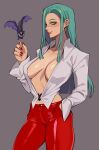  1girl absurdres bat_(animal) blue_hair breasts character_request cleavage closed_mouth collarbone collared_shirt copyright_request earrings green_eyes grey_background hand_in_pocket highres jewelry long_sleeves looking_at_viewer medium_breasts morrigan_aensland pants porqueloin red_nails red_pants shirt simple_background smile solo standing vampire_(game) white_shirt 