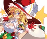  1girl blonde_hair blue_eyes braid breasts cleavage closed_mouth fur_trim gift gloves hat highres holding holding_sack ichimura_kanata kirisame_marisa large_breasts long_hair looking_at_viewer red_gloves red_headwear sack side_braid single_braid smile solo star_(symbol) torn_sack touhou upper_body white_background witch_hat 