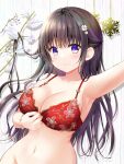  1girl arm_up bangs black_hair bottomless bra breasts cleavage closed_mouth collarbone commentary_request flower groin hair_flower hair_ornament large_breasts long_hair looking_at_viewer murasaki_(murasakiiro_no_yoru) navel original out-of-frame_censoring purple_eyes reaching_towards_viewer red_bra selfie smile solo underwear underwear_only upper_body very_long_hair white_flower 