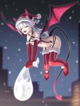  blurry blurry_background breasts christmas city closed_eyes demon_girl demon_horns demon_tail demon_wings earrings fang fur-trimmed_gloves fur-trimmed_headwear fur-trimmed_legwear fur_trim gloves highres holding holding_sack horns jewelry night nm_(tshell2761) open_mouth original outdoors pointy_ears red_gloves red_headwear red_thighhighs revealing_clothes sack skin_fang small_breasts snowing tail thighhighs wings 