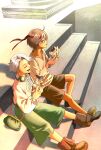  blonde_hair blue_eyes eating food food_on_face gensou_suikoden gensou_suikoden_iv highres lazlo_(gensou_suikoden) satoko_matsumoto short_hair sitting smile snowe_vingerhut stairs 