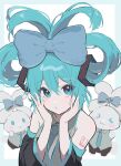  &gt;_&lt; 1girl absurdres ahute aqua_eyes aqua_hair aqua_necktie bangs bare_shoulders blue_border blue_bow blush border bow cinnamiku collared_shirt commentary detached_sleeves double_bun grey_shirt hair_between_eyes hair_bow hair_bun hair_rings hands_up hatsune_miku highres looking_at_viewer necktie open_mouth shirt simple_background solo_focus tied_ears twitter_username updo upper_body vocaloid watermark white_background 