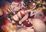  1girl alternate_costume azur_lane bangs black_gloves black_panties bottle breasts cameltoe candle cape christmas_tree commentary cross dress fur-trimmed_gloves fur_trim gloves hair_between_eyes hat highres holding holding_bottle iron_cross large_breasts long_hair looking_at_viewer mimiko_(fuji_310) multicolored_hair open_mouth panties parted_bangs prinz_eugen_(azur_lane) red_cape red_dress red_eyes red_headwear santa_hat side-tie_panties skindentation solo streaked_hair swept_bangs thick_thighs thighhighs thighs underwear very_long_hair white_hair wide_hips 
