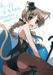  1girl absurdres animal_ears ass black_leotard black_pantyhose blue_eyes blush braid braided_ponytail breasts brown_hair cat_ears cat_tail hat high_heels highres large_breasts leotard long_hair looking_at_viewer lynette_bishop mini_hat open_mouth pantyhose ponytail shiny shiny_hair smile solo strike_witches tail tokiani world_witches_series 