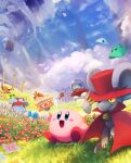  :d absurdres arm_up bell blue_eyes blush blush_stickers cake cake_slice cape cloak cloud colonnade column daroach day doc_(kirby) eyepatch field flower flower_field food fork fruit grass happy hat highres holding holding_fork jingle_bell kirby kirby_(series) kirby_squeak_squad maiga mouse no_humans open_mouth outdoors perara pillar pink_flower red_cape red_cloak red_flower red_footwear red_headwear red_shirt ruins shirt sky smile spinni squeakers storo strawberry strawberry_shortcake sunglasses suyasuyabi top_hat ufo watering watering_can yellow_flower 
