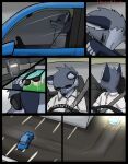  anthro black_border border canid canine car cellphone comic driving eyes_closed eyewear fox fur grey_body grey_fur hi_res inside_car male mammal open_mouth outside phone smartphone solo starrffax starrffax_(fox_sona) sunglasses vehicle 