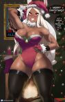  2022 absurd_res animal_humanoid big_breasts blush breasts christmas christmas_clothing christmas_headwear christmas_tree clothing dialogue echo_saber english_text female hair hat headgear headwear hi_res holidays humanoid lagomorph lagomorph_humanoid legwear leporid_humanoid long_hair mammal mammal_humanoid miruko muscular muscular_female muscular_humanoid my_hero_academia plant rabbit_humanoid red_eyes santa_hat solo text tree white_hair 