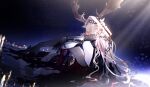  1girl absurdres animal_ears arknights blonde_hair blue_eyes candle capelet deer_antlers deer_ears gauntlets hair_ornament highres hood hooded_capelet long_hair looking_at_viewer luan_teng sitting sky solo star_(sky) starry_sky viviana_(arknights) 