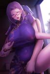  1boy 1girl blue_hair breasts command_spell covered_nipples fate/type_redline fate_(series) forehead glasses highres implied_sex major_magatsu major_reiter minami_koyogi mole mole_under_mouth purple_eyes purple_hair short_hair 