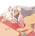  blanket blonde_hair blue_eyes dark_skin eating fubar_(gensou_suikoden) gensou_suikoden gensou_suikoden_iii griffin holding holding_plate hugo_(suikoden_iii) m_gensui_3 plate short_hair sleeping 