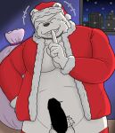  2022 anthro balls bear black_nose censored christmas christmas_clothing christmas_headwear clothing erection eyes_closed genitals hat headgear headwear hi_res holidays humanoid_hands inside kemono male mammal night overweight overweight_male penis polar_bear santa_claus santa_hat solo ursine yajyu 