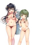  1girl bikini black_hair bob_cut breasts brown_eyes colored_inner_hair commentary_request fang feet_out_of_frame green_hair hairband hands_on_own_chest highres kantai_collection large_breasts long_hair micro_bikini multicolored_hair naganami_(kancolle) naganami_kai_ni_(kancolle) pink_hair red_bikini short_hair sidelocks simple_background small_breasts solo swimsuit takanami_(kancolle) two-tone_hair wavy_hair white_background white_hairband yashin_(yasinz) yellow_eyes 