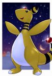  :d ampharos black_eyes border bright_pupils commentary crescent_moon gem highres looking_up moon night no_humans nuneno open_mouth outdoors outstretched_arms pokemon pokemon_(creature) red_gemstone sky smile snow_sculpture snowflakes snowing solo standing symbol-only_commentary tongue white_border white_pupils 
