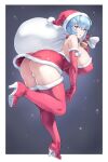  1girl antenna_hair ass blue_hair boots breasts christmas covered_nipples dress fur_trim gloves hat highres holding holding_sack huge_breasts mogudan original panties pantyshot red_eyes red_footwear red_gloves sack santa_dress santa_hat sky star_(sky) starry_sky thigh_boots underwear white_panties 