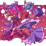  1boy alternate_costume bangs bell blonde_hair box christmas closed_mouth clothed_pokemon commentary_request gift gift_box hand_up hat headband highres long_sleeves male_focus medium_hair misdreavus mismagius morty_(pokemon) pokemon pokemon_(game) pokemon_hgss purple_eyes purple_headband purple_ribbon purple_scarf red_headwear red_ribbon ribbon santa_hat scarf smile sutokame 