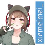  1girl absurdres animal_ear_headphones animal_ears bangs baseball_cap black_gloves blush bra bra_peek brown_eyes brown_hair call_of_duty call_of_duty:_mobile cat_ear_headphones collarbone collared_shirt commission english_commentary eyeshadow facial_mark fake_animal_ears fingerless_gloves gloves grey_bra grey_headwear grey_shirt hat headphones highres makeup narchiart open_collar parted_lips partially_unbuttoned pink_eyeshadow pocket ponytail portrait shirt simple_background sports_bra straight-on teeth underwear upper_body upper_teeth_only urban_tracker_(call_of_duty:_mobile) v white_background yellow_eyes 