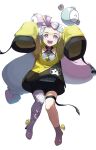  1girl :d absurdres blush boots character_hair_ornament commentary_request full_body grey_footwear grey_shirt hair_ornament highres iono_(pokemon) jacket kun_(user_tmwh7453) long_hair open_mouth pokemon pokemon_(game) pokemon_sv purple_eyes sharp_teeth shirt sleeves_past_fingers sleeves_past_wrists smile solo star_(symbol) star_print teeth thigh_strap tongue twintails upper_teeth_only yellow_jacket 