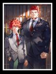  2boys aqua_eyes black_necktie black_pants black_suit blue_eyes boku_no_hero_academia collared_shirt dabi_(boku_no_hero_academia) endeavor_(boku_no_hero_academia) father_and_son formal hand_in_pocket koooogasya long_sleeves looking_at_viewer male_focus multiple_boys necktie pants red_hair red_necktie shirt short_hair spiked_hair standing suit white_suit 