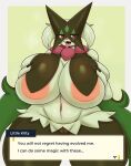 anthro areola areola_slip big_breasts breast_squish breasts cape clothing eyelashes felid feline female generation_9_pokemon genitals green_body hi_res huge_breasts mammal mask matospectoru meowscarada nintendo open_mouth pokemon pokemon_(species) pussy simple_background solo squish standing text tongue tongue_out 