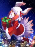  1girl alternate_costume bangs bird_girl bird_tail bird_wings boots christmas christmas_present commentary_request dress flying fur_collar fur_trim gift gloves head_wings japanese_crested_ibis_(kemono_friends) kemono_friends long_sleeves multicolored_hair night night_sky pantyhose red_dress red_footwear red_gloves red_hair santa_costume short_hair sidelocks sky solo tail white_fur white_hair white_pantyhose wings yamai yellow_eyes 