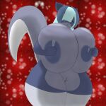  absurd_res anthro big_breasts big_butt blue_hair breasts butt christmas clothing fan_character felid feline female footwear footwear_only fur grey_body grey_fur hair hi_res holidays huge_breasts hybrid mammal mephitid mostly_nude mrschllyay skunk solo thick_tail valery_(mrschllyay) wide_hips 