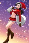  1girl black_hair blush boots bra breasts brown_eyes christmas cleavage full_body girls_und_panzer gloves hat holding holding_sack large_breasts long_hair looking_at_viewer matsui_yasutsugu navel nishi_kinuyo open_mouth red_bra red_shorts sack santa_costume santa_hat shiny shiny_hair shorts signature simple_background smile solo starry_background underwear 