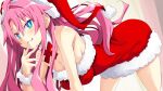  1girl absurdres artina_(disgaea) blue_eyes blush breasts cleavage disgaea hair_intakes hat highres iwashi_dorobou_-r- long_hair looking_at_viewer makai_senki_disgaea_4 medium_breasts pink_hair santa_costume santa_hat sidelocks smile solo tongue tongue_out 