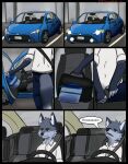  anthro bag bottomwear brown_eyes canid canine car clothing comic dialogue fox fur grey_body grey_fur hair hi_res inside_car male mammal pants shirt solo starrffax starrffax_(fox_sona) topwear vehicle 