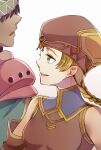  1boy 1girl bare_shoulders blonde_hair braid dark_skin frei_(valkyrie_profile) gold_trim green_eyes hat loki_(valkyrie_profile) pale_skin shumizoku simple_background smile upper_body valkyrie_profile 