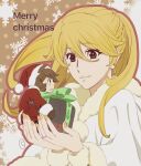  1boy 1girl blonde_hair brown_eyes brown_hair christmas closed_mouth earrings fur_trim gift hat jewelry kobayashi_chizuru long_hair merry_christmas mori_yuki nail_polish ring santa_hat smile snowflakes uchuu_senkan_yamato uchuu_senkan_yamato_2199 yamamoto_akira 