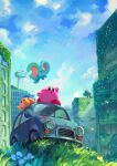  absurdres animal_ears aqua_car bandana bandana_waddle_dee bird blush_stickers building car cloud cloudy_sky colored_skin day elfilin flower grass ground_vehicle highres kirby kirby_(series) kirby_and_the_forgotten_land motor_vehicle mouse_ears no_humans outdoors overgrown pink_skin plant sitting sky solid_oval_eyes suyasuyabi tree twitter_username vines yellow_flower 
