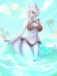  absurd_res alice_destiny anthro arctic_fox bikini black_bikini black_clothing black_swimwear canid canine clothing cloud ei-tule-kesaa female fox fur hair hi_res mammal palm_tree plant ponytail sky solo sun swimwear tree water white_body white_fur white_hair 