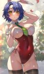  1girl animal_ears ass_visible_through_thighs bangs bare_shoulders between_breasts blue_hair blurry blurry_background blush breasts c_(theta) christmas_tree closed_mouth commentary covered_navel cowboy_shot detached_collar earrings fake_animal_ears hand_in_own_hair hand_on_own_chest highleg highleg_leotard highres idolmaster idolmaster_million_live! jewelry large_breasts leotard light_frown looking_at_viewer necktie parted_bangs playboy_bunny rabbit_ears rabbit_tail red_leotard short_hair signature skindentation solo strapless strapless_leotard tail thigh_gap thighhighs thighs toyokawa_fuka wrist_cuffs yellow_eyes 