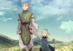  blue_sky closed_eyes cloud female_child gensou_suikoden gensou_suikoden_iii grass green_eyes highres holding_hands luc_(suikoden) marimob outdoors sarah_(suikoden) short_hair sky smile 