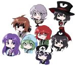  6+others ahoge androgynous ascot atoymk bangs black_eyes black_hair black_headwear black_kimono black_shirt blue_jacket bright_pupils brown_ascot brown_eyes brown_hair clause closed_mouth collared_shirt commentary_request enraku_tsubakura evanescent_existence frilled_hat frilled_necktie frills green_jacket grey_eyes grey_hair grey_necktie grey_shirt hair_between_eyes hat hat_ribbon highres hood hood_up hooded_jacket houlen_yabusame jacket japanese_clothes kimono kurohebi len&#039;en light_frown long_hair medium_hair multiple_others neck_ribbon necktie no_nose open_clothes open_jacket open_mouth open_shirt other_focus parted_bangs pink_shirt purple_eyes purple_hair purple_jacket purple_vest red_eyes red_hair red_ribbon ribbon senri_tsurubami shirt shitodo_aoji shitodo_hooaka shitodo_kuroji short_hair simple_background sketch smile tate_eboshi top_hat vest white_background white_pupils white_shirt 