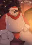  2022 anthro bear belly big_belly bulge christmas christmas_clothing christmas_headwear christmas_tree clothing eye_patch eyewear hat headgear headwear hi_res holidays humanoid_hands kemono lazxuszz male mammal moobs nipples overweight overweight_male plant santa_hat sitting solo tree underwear 
