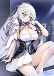  1girl aged_up apartment bare_legs bare_shoulders breasts bronya_zaychik bronya_zaychik_(silverwing:_n-ex) chitosy city_lights cleavage closed_mouth dress drill_hair gloves grey_eyes grey_hair hair_between_eyes hair_ornament highres honkai_(series) honkai_impact_3rd large_breasts legs long_hair looking_at_viewer nigth poolside sleeveless sleeveless_dress smile star_(sky) window 