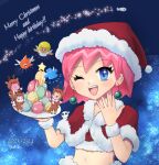  1girl beauty_(bobobo-bo_bo-bobo) blue_eyes bobobo-bo_bo-bobo bobobo-bo_bo-bobo_(character) christmas dated earrings hat highres jewelry looking_at_viewer midriff navel one_eye_closed open_mouth pink_hair santa_hat short_hair short_sleeves smile 