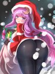  1girl ass bangs blunt_bangs christmas convenient_censoring crescent crescent_hat_ornament gift green_ribbon hat hat_ornament highres long_hair looking_at_viewer looking_back merry_christmas namiki_(remiter00) pantyhose patchouli_knowledge purple_eyes purple_hair red_ribbon ribbon sack santa_costume santa_hat snow touhou very_long_hair 
