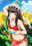  1girl arm_up bikini blue_sky bow breasts brown_eyes brown_hair cleavage closed_mouth cloud collarbone cowboy_shot day flower groin hair_bow hair_ribbon hose ikkitousen long_hair navel outdoors red_bikini ribbon sarong shiny shiny_hair side-tie_bikini_bottom sky small_breasts smile solo standing sunflower swimsuit ten&#039;i_(ikkitousen) very_long_hair white_bow white_ribbon yellow_flower 
